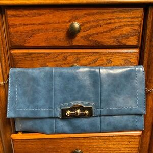 Miztique Blue Leather Clutch with Gold Accent and Chain
